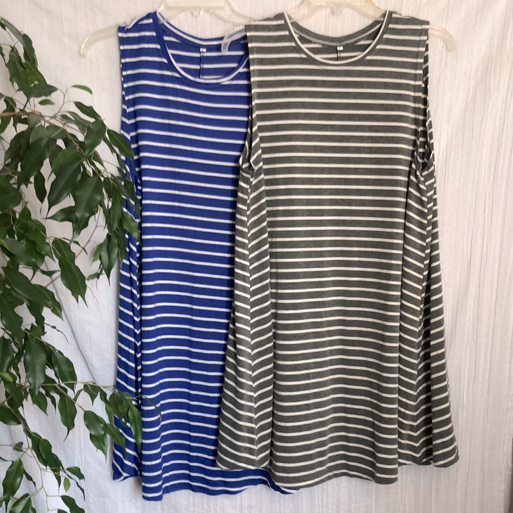 AMAZON SZ L lot 2 same style Aline flowing striped sleeveless dress w/crew neck